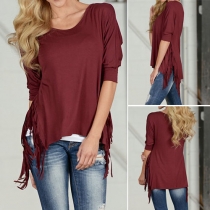 Fashion Solid Color Half Sleeve Round Neck Tassel Hem T-shirt