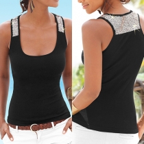 Fashion Sequin Spliced Sleeveless U-neck All-match Tank Tops