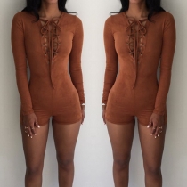Sexy Lace-up Deep V-neck Long Sleeve Slim Fit Rompers