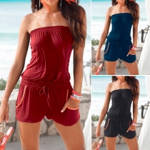 Sexy Strapless Gathered Waist Solid Color Rompers