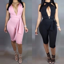 Sexy Backless Deep V-neck High Waist Solid Color Jumpsuits