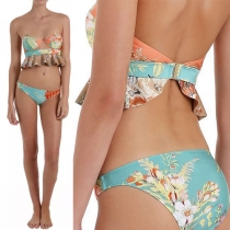 Sexy Flouncing Floral Print Bandeau Bikini Set