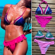 Sexy Contrast Color Flouncing Sequin Bikini Set