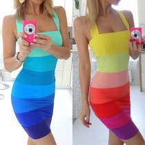 Sexy Backless Color Gradient Slim Fit Striped Dress