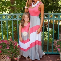 Fashion Sleeveless Round Neck Striped Parent-child Dress
