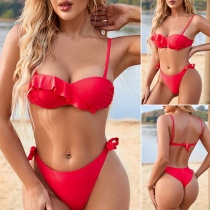Sexy Solid Color Flouncing Push-up Bikini Set