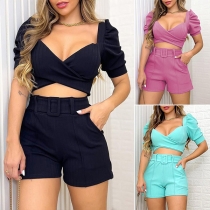 Sexy Solid Color Two-piece Set Consist of Puff Short Sleeve Crop Top and Shorts
