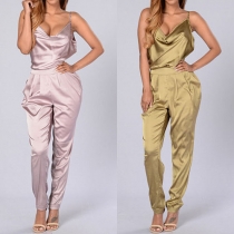 Sexy Backless V-neck High Waist Solid Color Sling Jumpsuits
