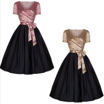 Fashion Contrast Color Short Sleeve V-neck High Waist Dress