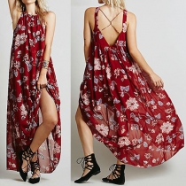 Sexy Backless Slit Hem Chiffon Floral Print Dress