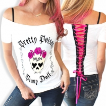 Sexy Slash Neck Lace-up Printed T-shirt