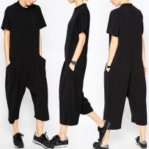 Fashion Solid Color Short Sleeve Round Neck Jumpsuits