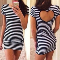 Sexy Heart-shaped Hollow Out Short Sleeve Round Neck Striped Dress