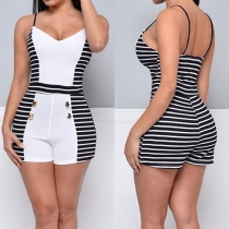 Sexy Backless Deep V-neck Striped Spliced Rompers