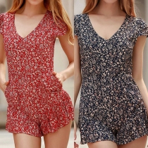 Fashion Cap Sleeve V-neck Floral Print Rompers
