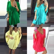 Sexy Deep V-neck 3/4 Sleeve Solid Color Dress