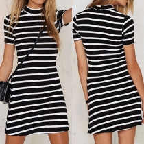 Fashion Short Sleeve Mock Neck Slim Fit Striped Dress
