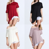 Fashion Solid Color Half Sleeve Irregular Hem T-shirt