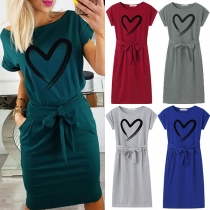 Fashion Heart-shaped Patch Short Sleeve Round Neck Dress