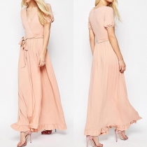 Elegant Solid Color Short Sleeve Deep V-neck Maxi Dress