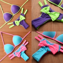 Sexy Contrast Color Bowknot Halter Bikini Set