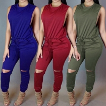 Fashion Solid Color Sleeveless Round Neck Gathered Waist Jumpsuits
