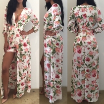 Sexy Deep V-neck Long Sleeve Irregular Hem Floral Print Culottes