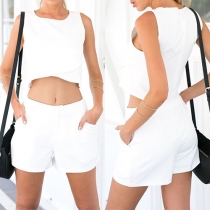 Fashion Sleeveless Round Neck Crop Tops + High Waist Shorts Two-piece Set