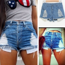 Distressed Style High Waist Ripped Denim Shorts