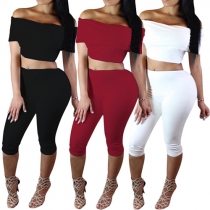 Sexy Slash Neck Crop Tops + High Waist Capri Pants Two-piece Set