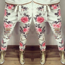 Fashion Elastic Waist Printed Casual Pants