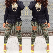 Distressed Style High Waist Camouflage Printed Ripped Pants