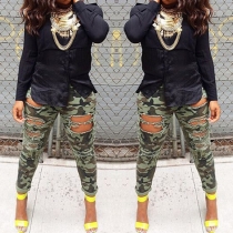 Distressed Style High Waist Camouflage Printed Ripped Pants