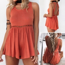 Sexy Backless Sleeveless Round Neck Solid Color Rompers