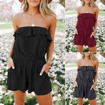 Sexy Slash Neck Short Sleeve Gathered Waist Solid Color Rompers