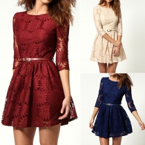 Elegant Solid Color 3/4 Sleeve Slim Fit Lace Dress