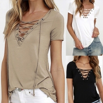 Fashion Solid Color Lace-up V-neck Short Sleeve T-shirt