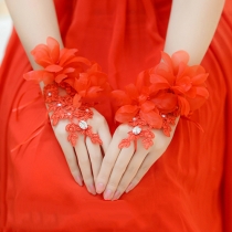 Romantic Style 3D Flowers Lace Spliced Fingerless Wedding Gloves