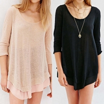 Fashion Solid Color 3/4 Sleeve Round Neck Chiffon Spliced Hem Dress