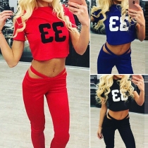 Fashion Numbers Printed Short Sleeve Crop Tops + Pants Sports Suit