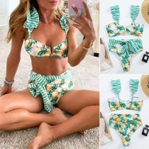 Fashion Pineapple Print Flounce Halter Low-Rise Bikini Set