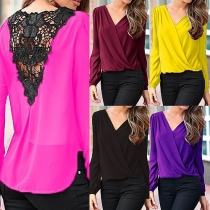Fashion Lace-Paneled Surplice-Front Long Sleeves V-Neck Solid Color Top