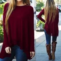 Fashion Lace-Trim Crew Neck Long-Sleeved Solid Color Trapeze Top
