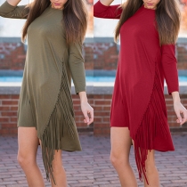 Fashion Fringed 3/4-Sleeved Crew Neck Solid Color Mini Dress