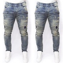 Fashion Zipper Destroyed Frayed Slim Fit Jeans