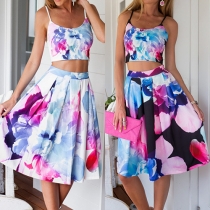 Fashion Printed Cropped Cami Top & High-Rise Midi Skirt Set