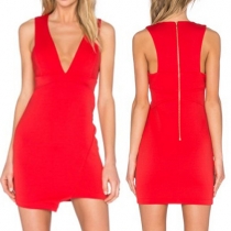 Sexy Deep V-Neck Zipper High-Low Hem Sleeveless Solid Color Mini Dress