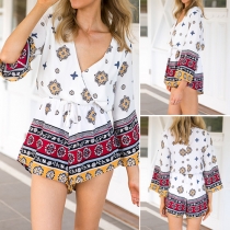Fashion Trumpet-sleeve V-neck Gathered Waist Printed Rompers