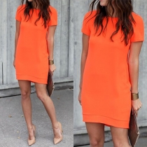 Casual Style Solid Color Short Sleeve Round Neck Dress