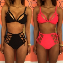 Sexy Solid Color Hollow Out Lace-up Bikini Set